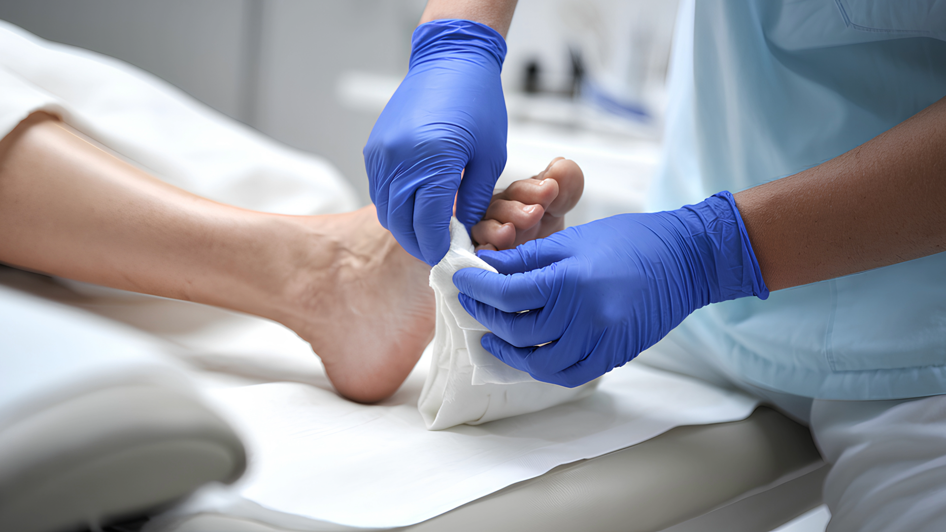 Healthcare provider wrapping a patient’s foot during diagnostic testing